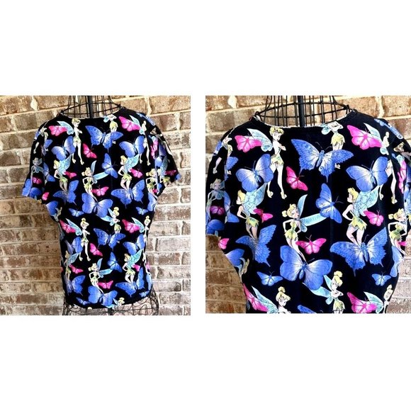Disney Tinkerbell Scrub Top Medium  Blue Butterflies RN Nurse Vet Tech C… - Picture 8 of 12